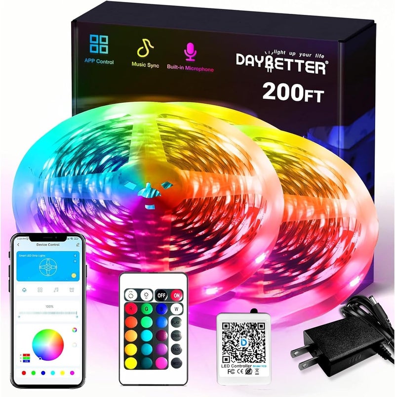 DAYBETTER Smart RGB Led Strip Lights, 200ft Led Lights for Bedroom with App Control, Multicolor Changing Led Light Strips Apply for Home Decor, Living Room, Kitchen, Home Party Decoration - Image 1